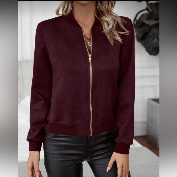 SHEIN 8/10 large Women's Burgundy Bomber Jacket suede zip-up - Picture 3 of 4